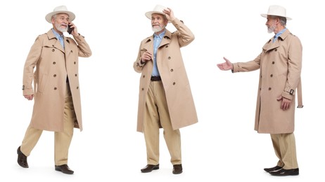 Image of Senior man on white background, set of portraits