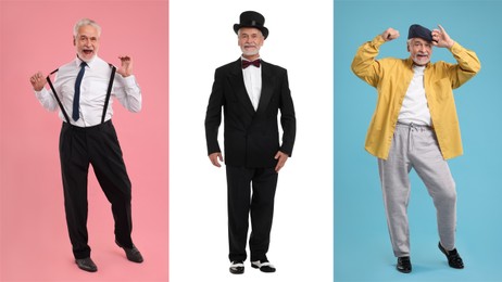 Image of Senior man on different colors backgrounds, set of portraits