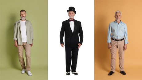 Image of Senior men on different colors backgrounds, set of portraits