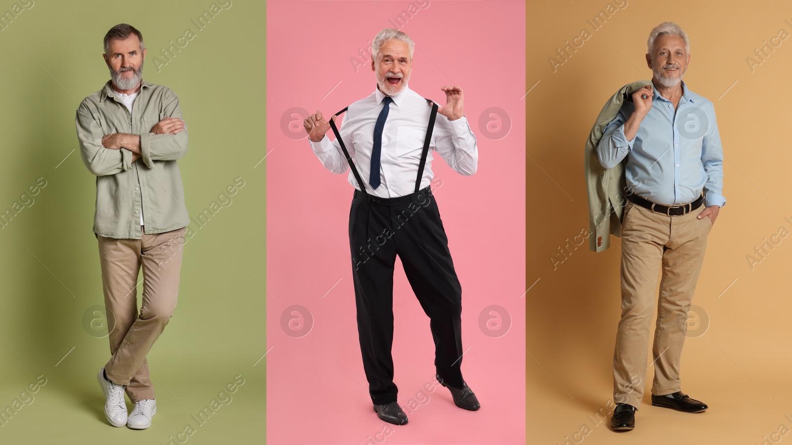 Image of Senior men on different colors backgrounds, set of portraits
