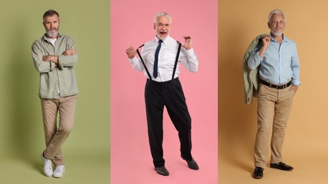 Image of Senior men on different colors backgrounds, set of portraits