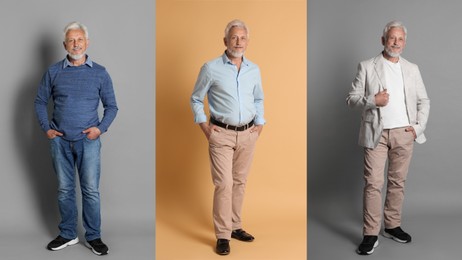 Image of Senior man on different colors backgrounds, set of portraits