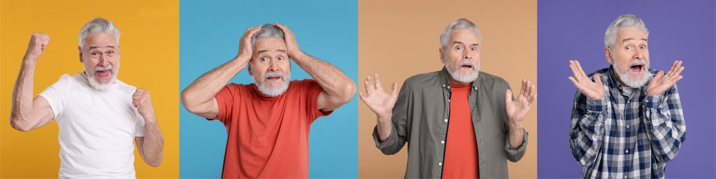 Image of Senior man on different colors backgrounds, set of portraits