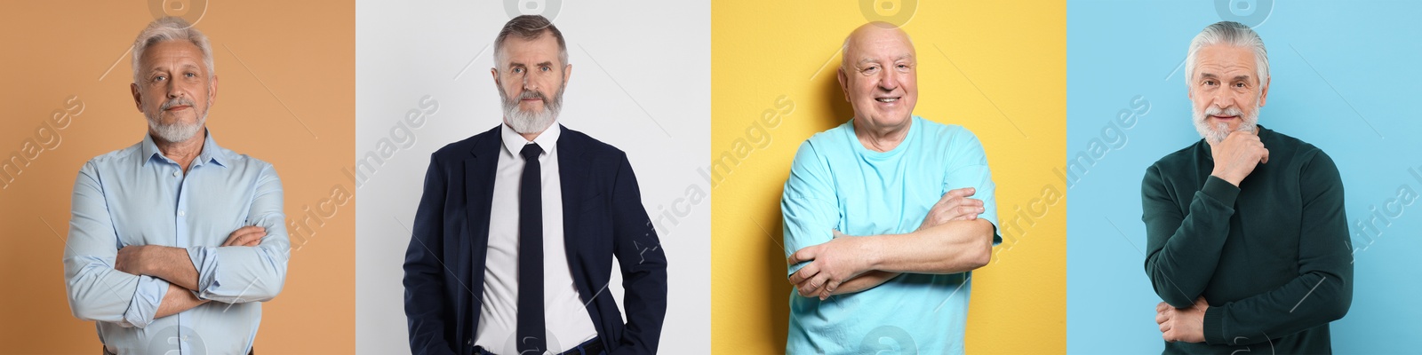 Image of Senior men on different colors backgrounds, set of portraits