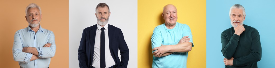 Image of Senior men on different colors backgrounds, set of portraits