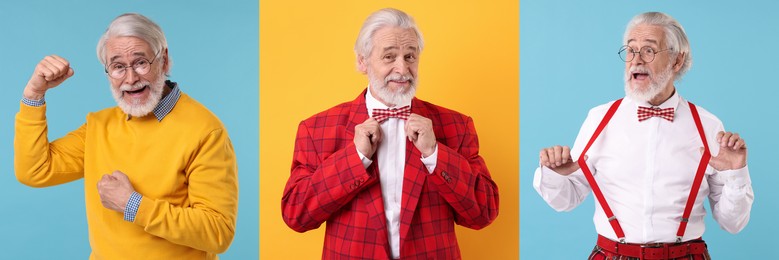 Image of Senior man on different colors backgrounds, set of portraits