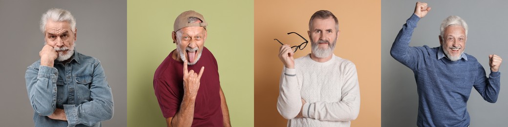 Image of Senior men on different colors backgrounds, set of portraits