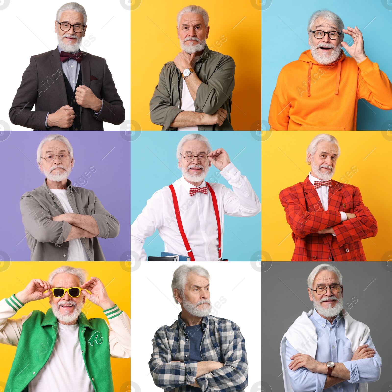 Senior man on different colors backgrounds, set of portraits Image of Senior man on different colors backgrounds, set of portraits