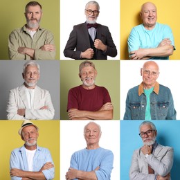 Image of Senior men on different colors backgrounds, set of portraits