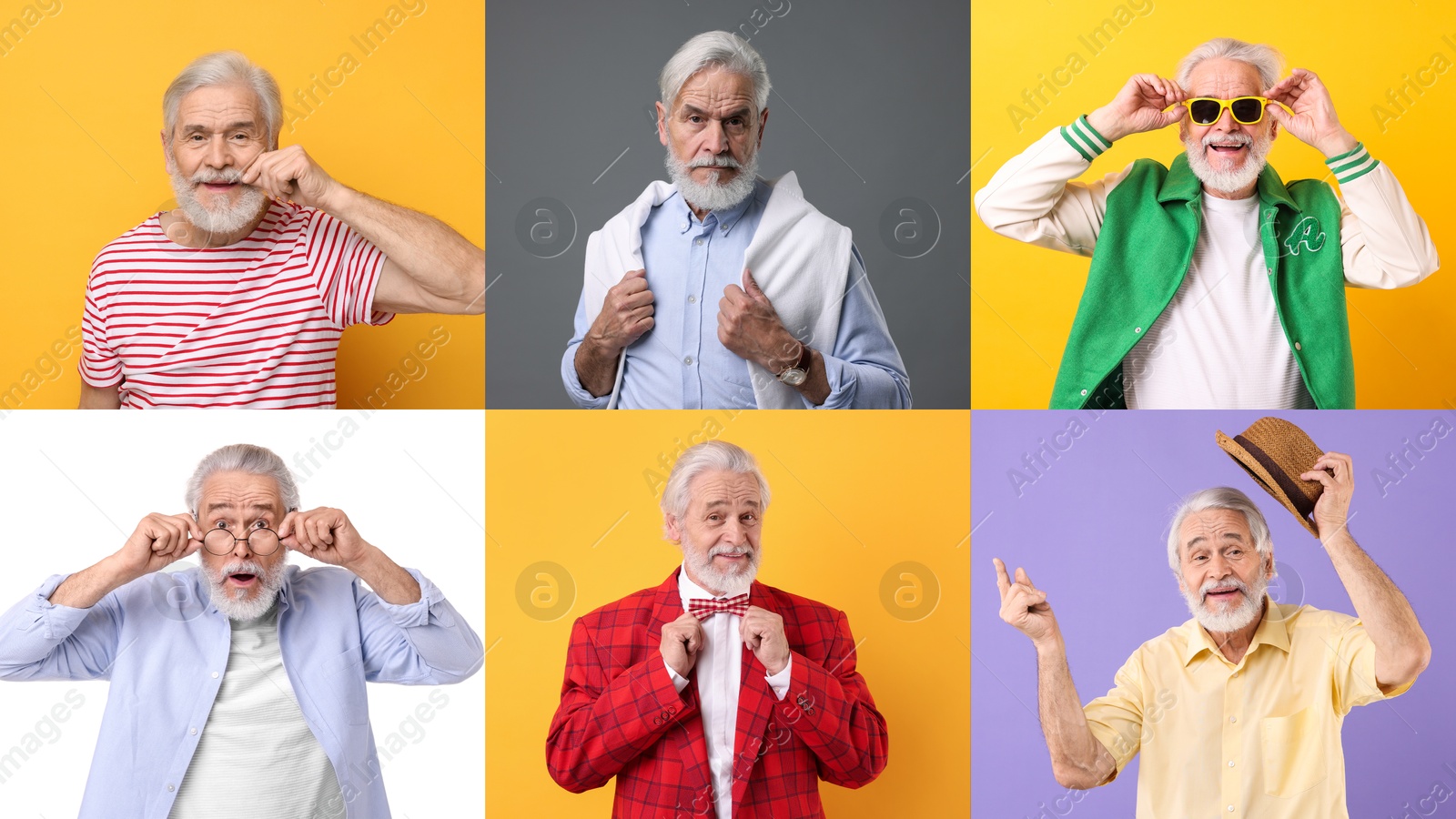 Image of Senior man on different colors backgrounds, set of portraits