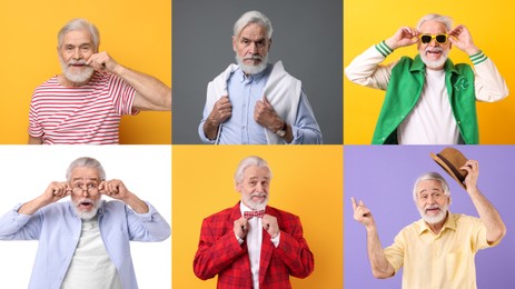 Image of Senior man on different colors backgrounds, set of portraits