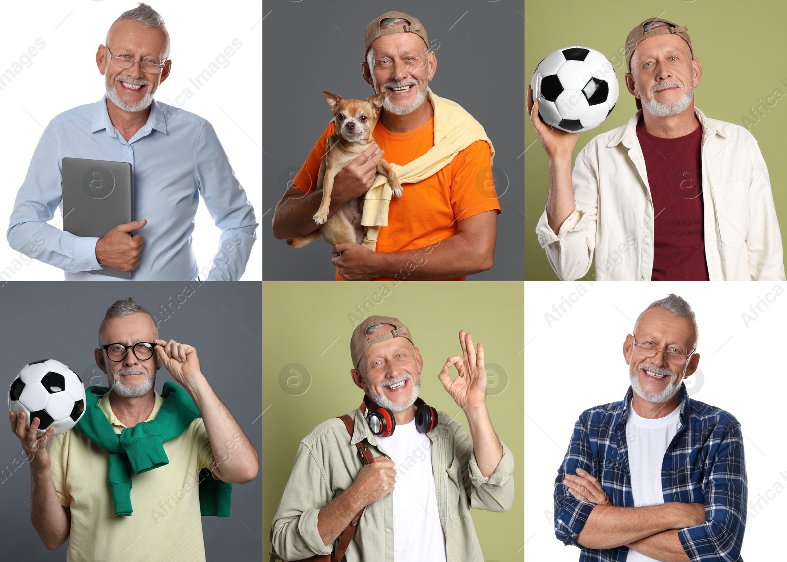 Senior man on different colors backgrounds, set of portraits Image of Senior man on different colors backgrounds, set of portraits