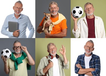 Image of Senior man on different colors backgrounds, set of portraits