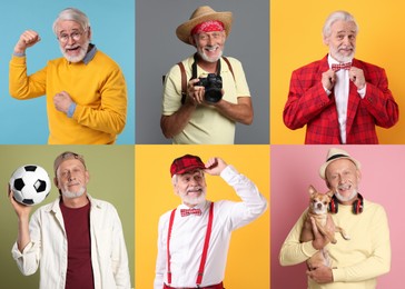 Image of Senior men on different colors backgrounds, set of portraits