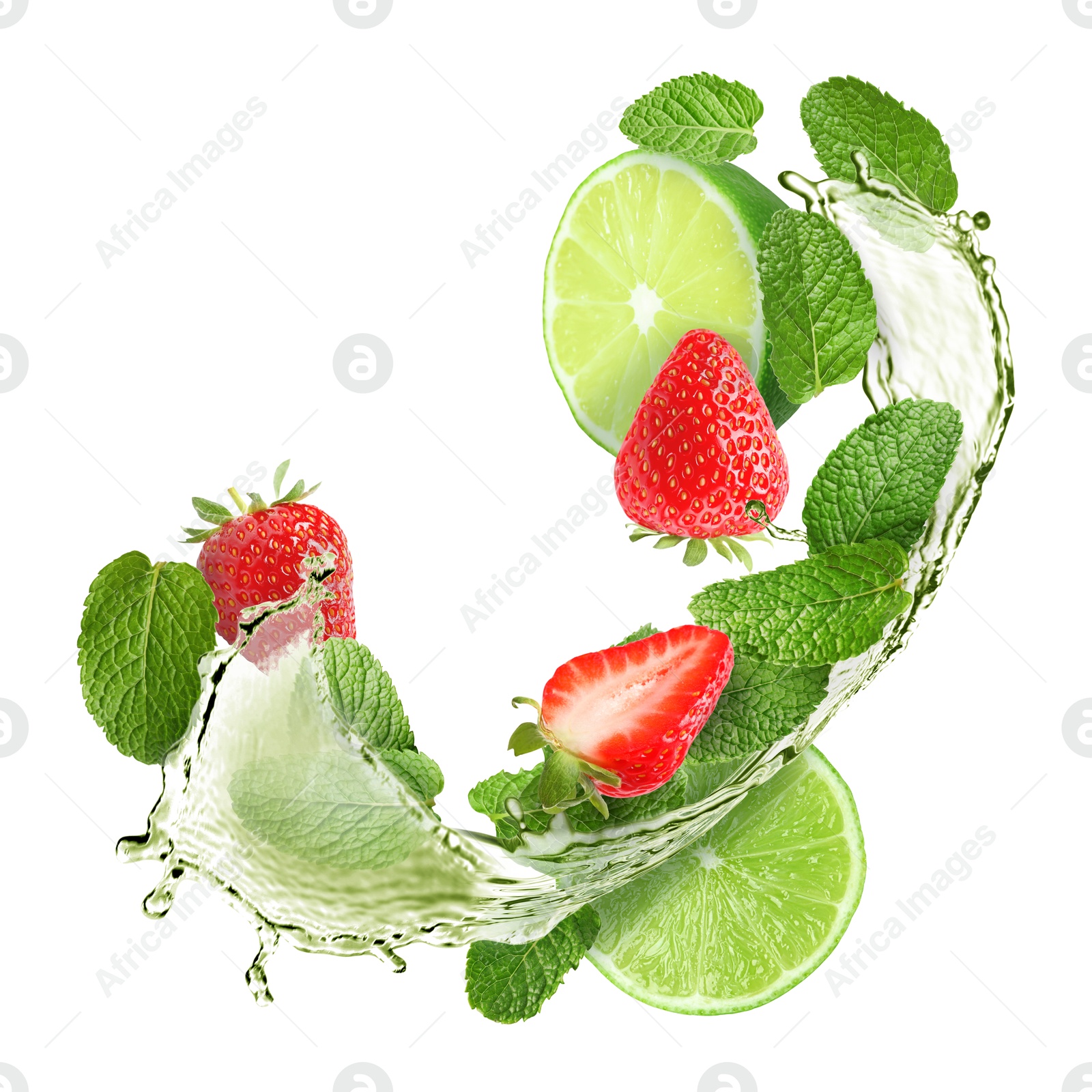 Image of Lime, strawberries, mint leaves and refreshing drink in air isolated on white