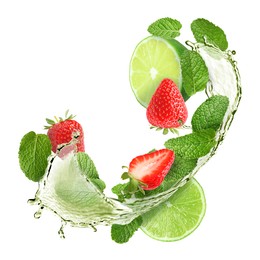 Image of Lime, strawberries, mint leaves and refreshing drink in air isolated on white