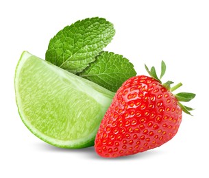 Image of Fresh lime, strawberry and mint leaves isolated on white
