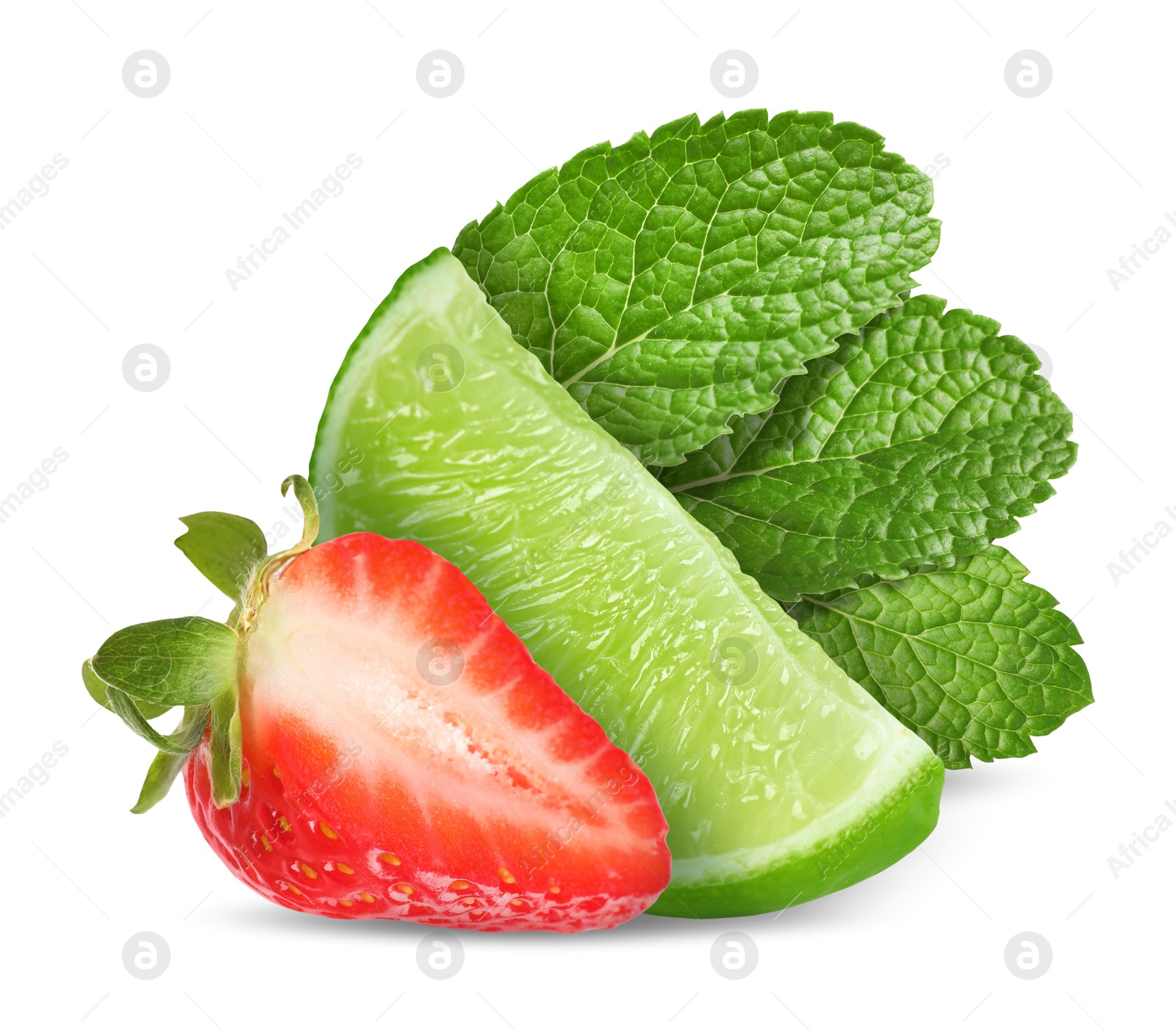 Image of Fresh lime, strawberry and mint leaves isolated on white