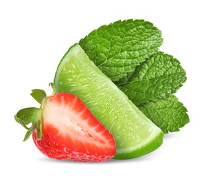 Image of Fresh lime, strawberry and mint leaves isolated on white
