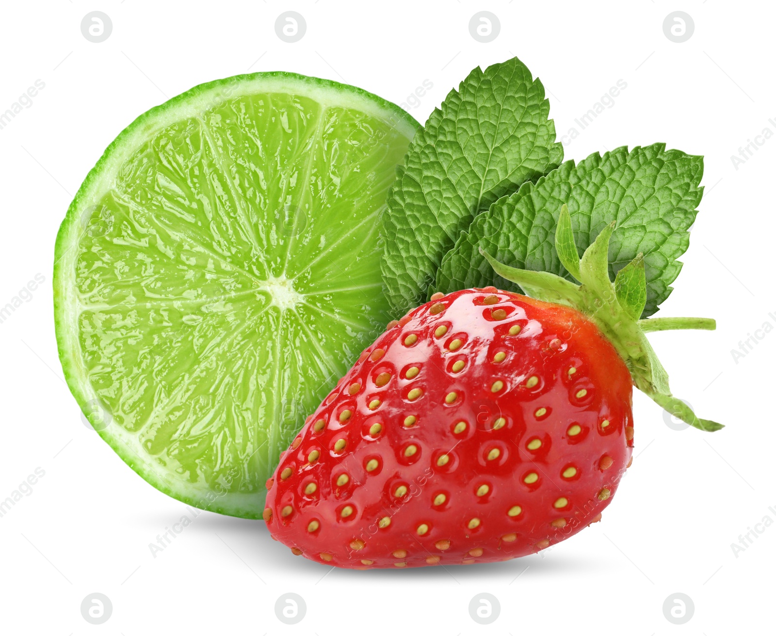 Image of Fresh lime, strawberry and mint leaves isolated on white