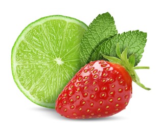 Image of Fresh lime, strawberry and mint leaves isolated on white