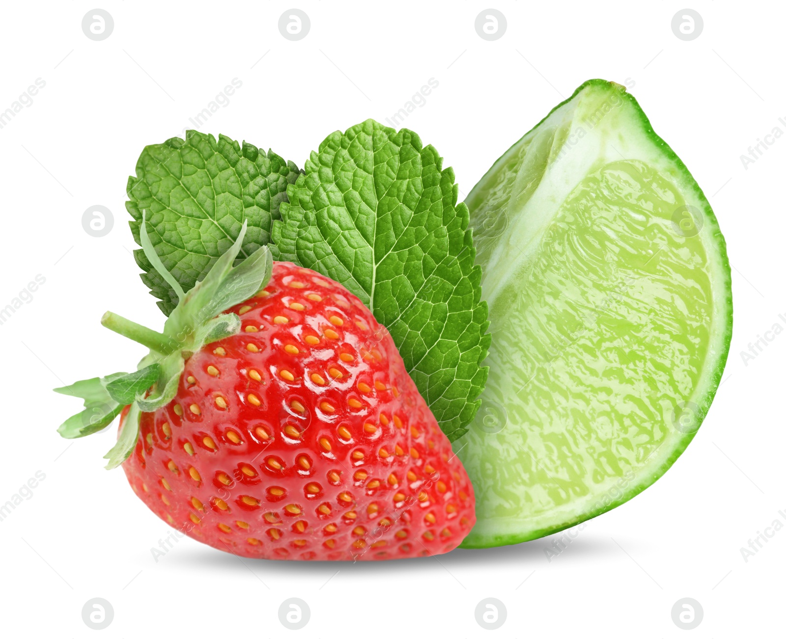 Image of Fresh lime, strawberry and mint leaves isolated on white