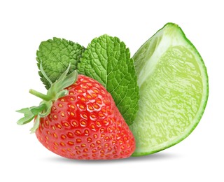 Image of Fresh lime, strawberry and mint leaves isolated on white