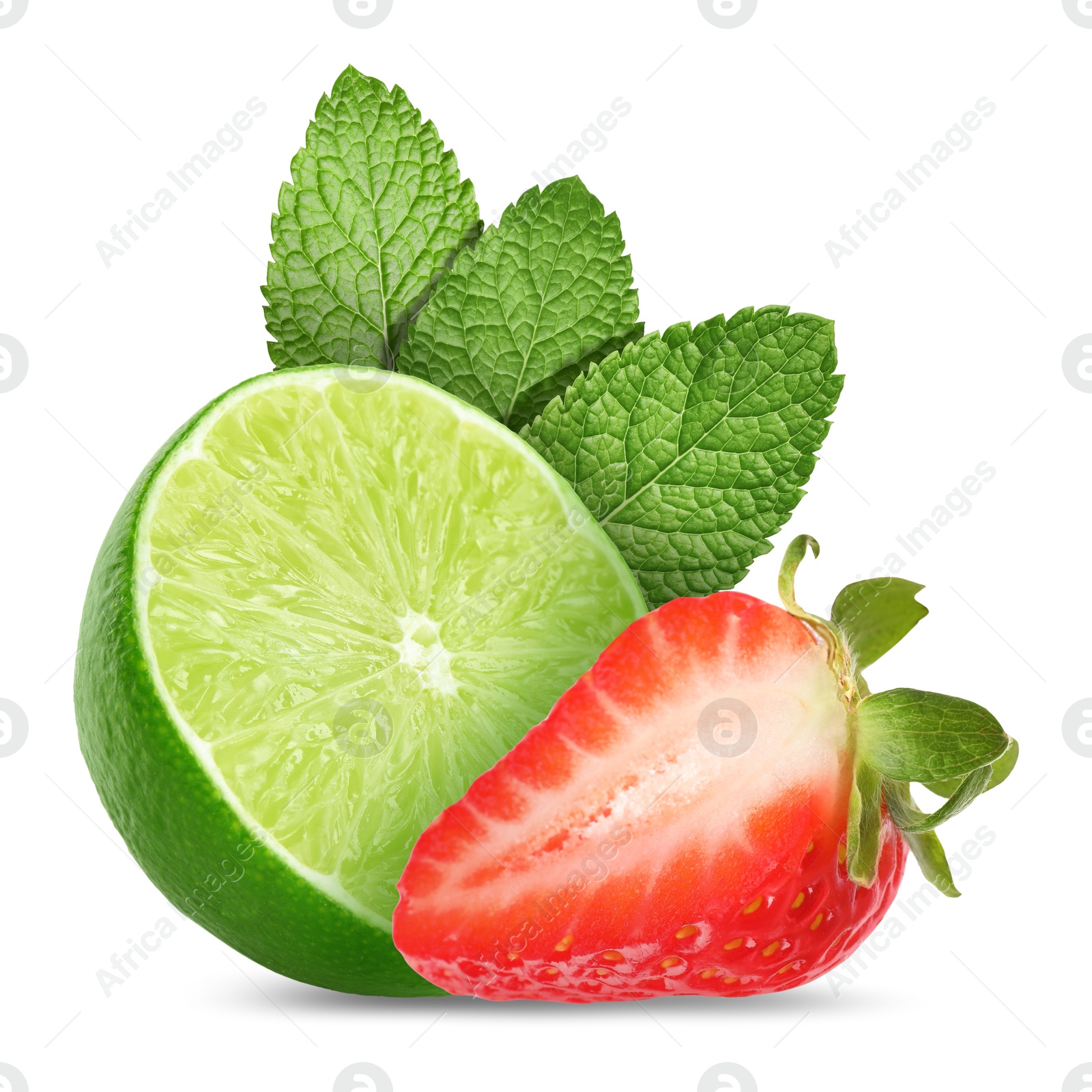 Image of Fresh lime, strawberry and mint leaves isolated on white