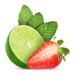 Image of Fresh lime, strawberry and mint leaves isolated on white