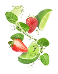 Image of Lime, strawberries, mint leaves and refreshing drink in air isolated on white