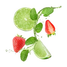 Image of Lime, strawberries, mint leaves and refreshing drink in air isolated on white