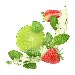 Image of Lime, strawberries, mint leaves and refreshing drink in air isolated on white