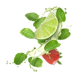 Image of Lime, strawberry, mint leaves and refreshing drink in air isolated on white
