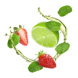 Image of Lime, strawberries, mint leaves and refreshing drink in air isolated on white