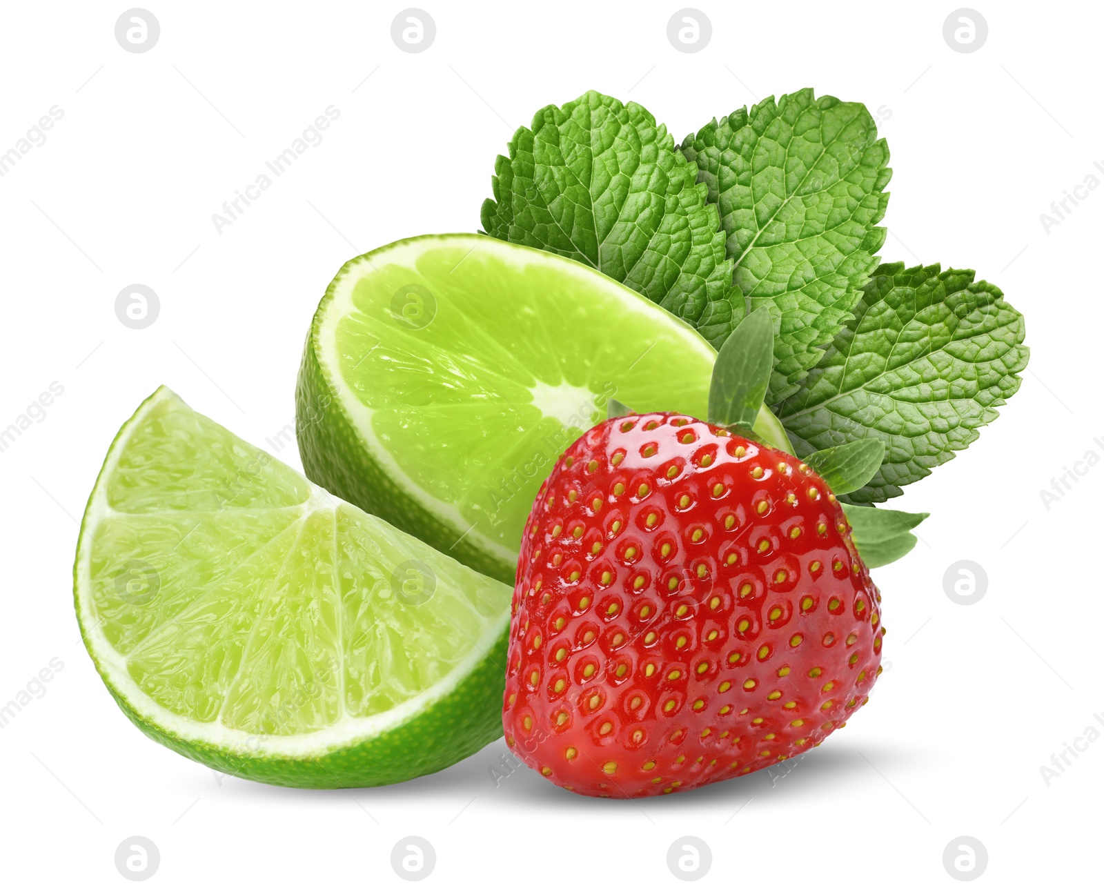 Image of Fresh lime, strawberry and mint leaves isolated on white