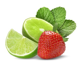 Image of Fresh lime, strawberry and mint leaves isolated on white