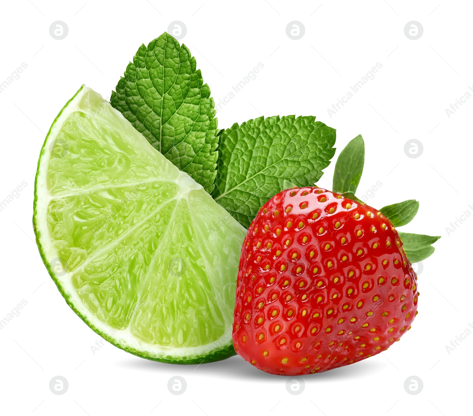Image of Fresh lime, strawberry and mint leaves isolated on white