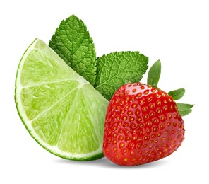 Image of Fresh lime, strawberry and mint leaves isolated on white
