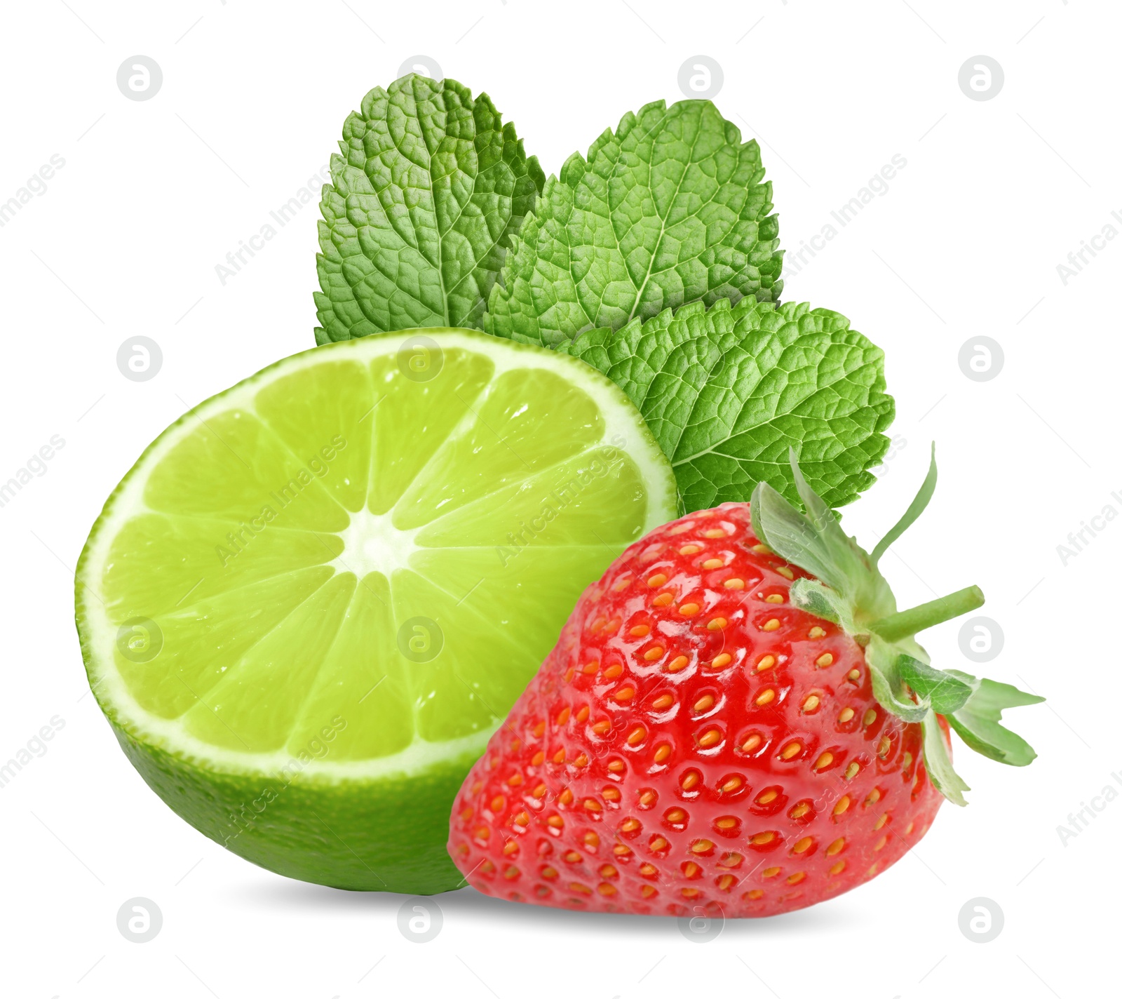 Image of Fresh lime, strawberry and mint leaves isolated on white