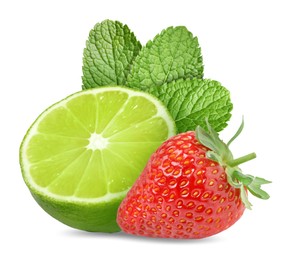 Image of Fresh lime, strawberry and mint leaves isolated on white