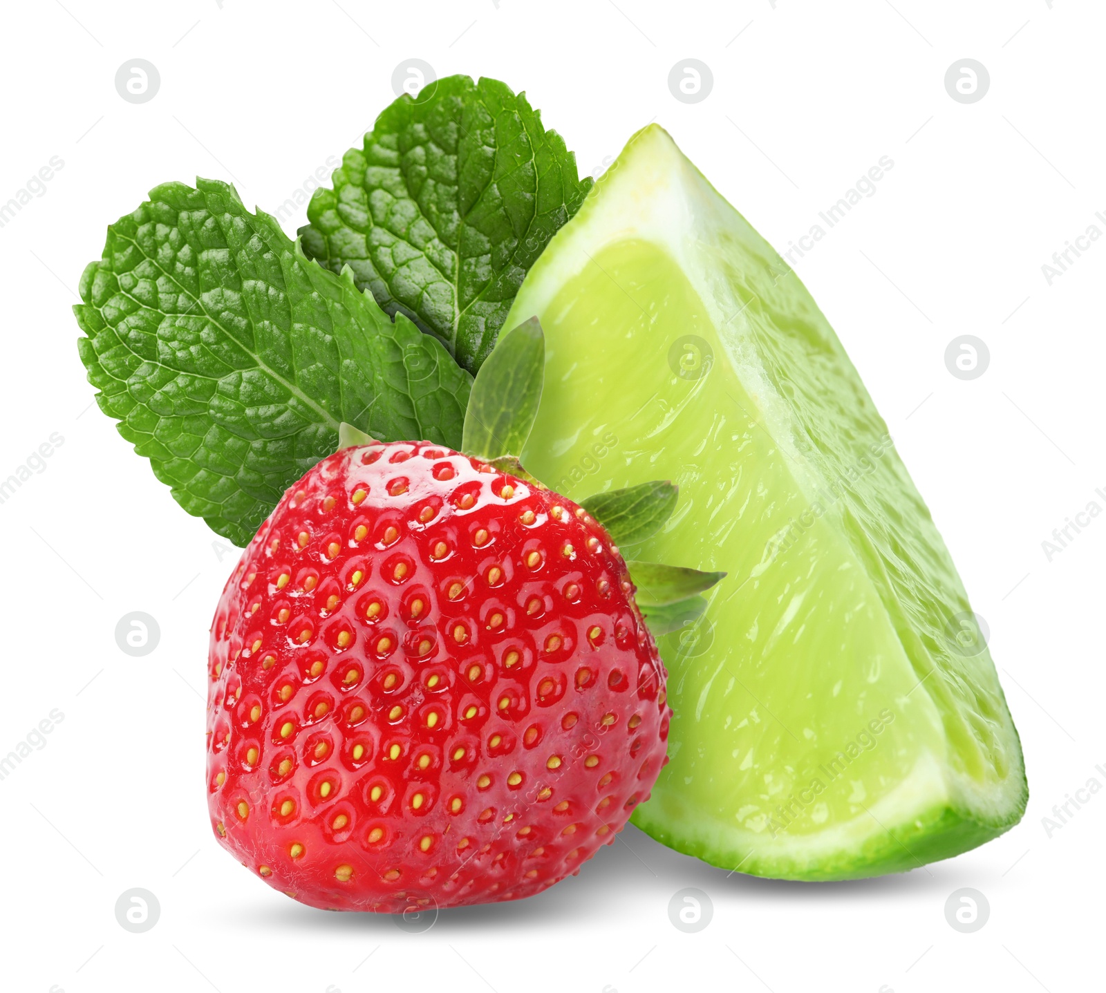 Image of Fresh lime, strawberry and mint leaves isolated on white