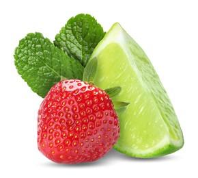 Image of Fresh lime, strawberry and mint leaves isolated on white