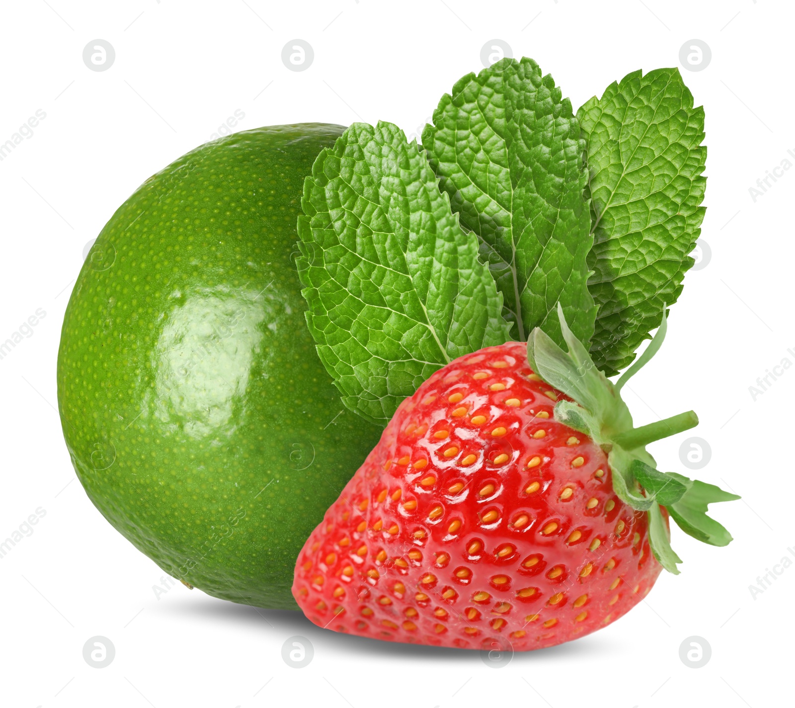 Image of Fresh lime, strawberry and mint leaves isolated on white