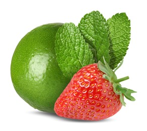 Image of Fresh lime, strawberry and mint leaves isolated on white