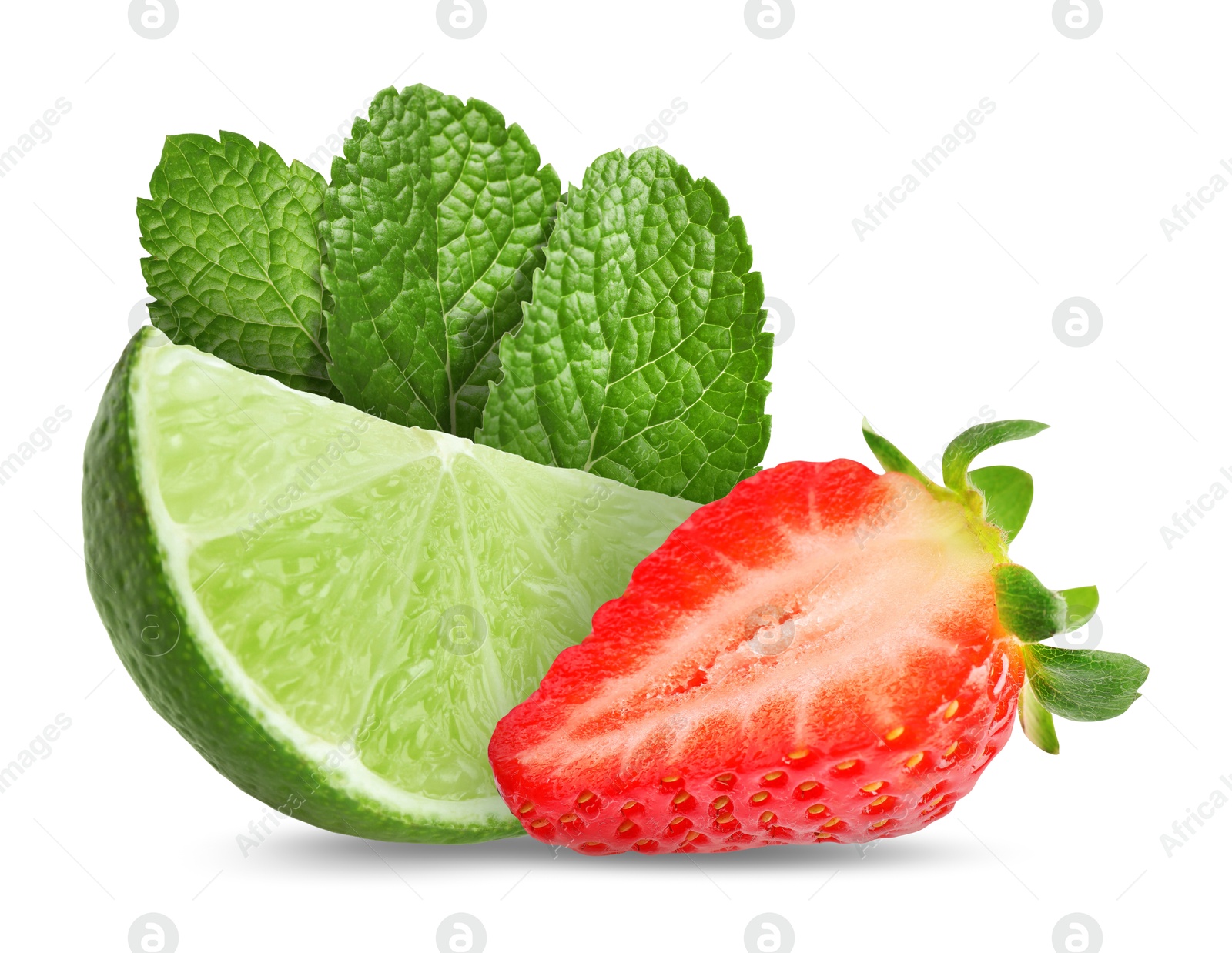 Image of Fresh lime, strawberry and mint leaves isolated on white