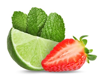 Image of Fresh lime, strawberry and mint leaves isolated on white