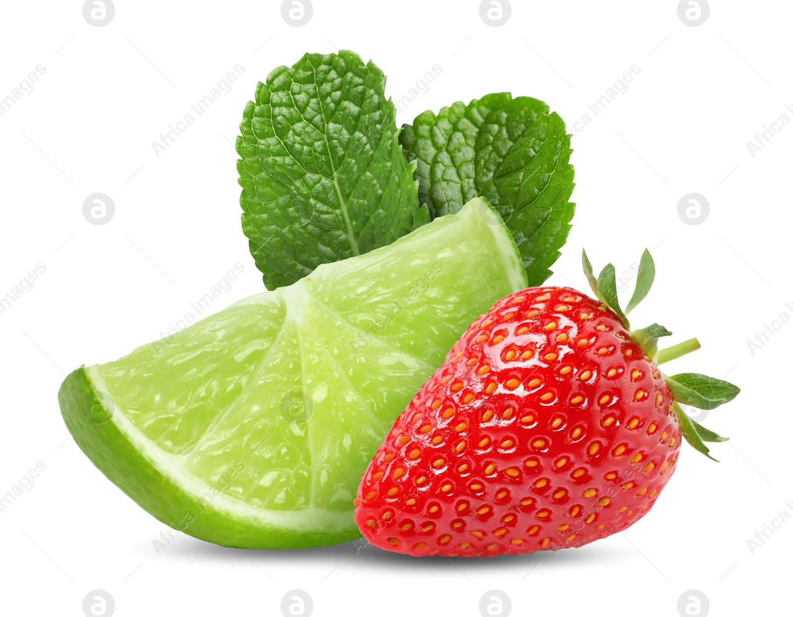 Image of Fresh lime, strawberry and mint leaves isolated on white