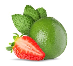 Image of Fresh lime, strawberry and mint leaves isolated on white