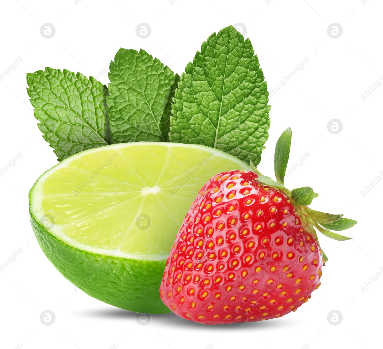 Image of Fresh lime, strawberry and mint leaves isolated on white
