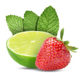 Image of Fresh lime, strawberry and mint leaves isolated on white